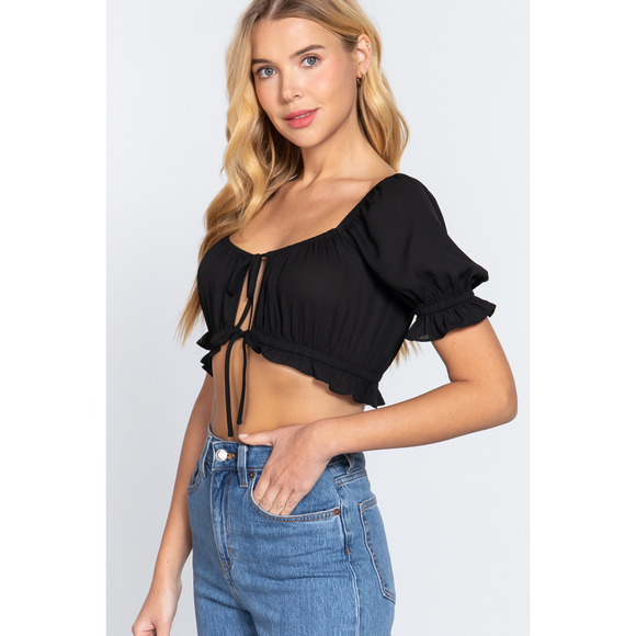 Short Slv Print Crop Woven Top - Picture 3 of 7